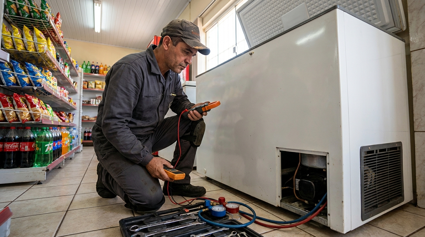 Reparo da placa eletrônica de um freezer em atendimento na Zona Leste de São Paulo‑SP