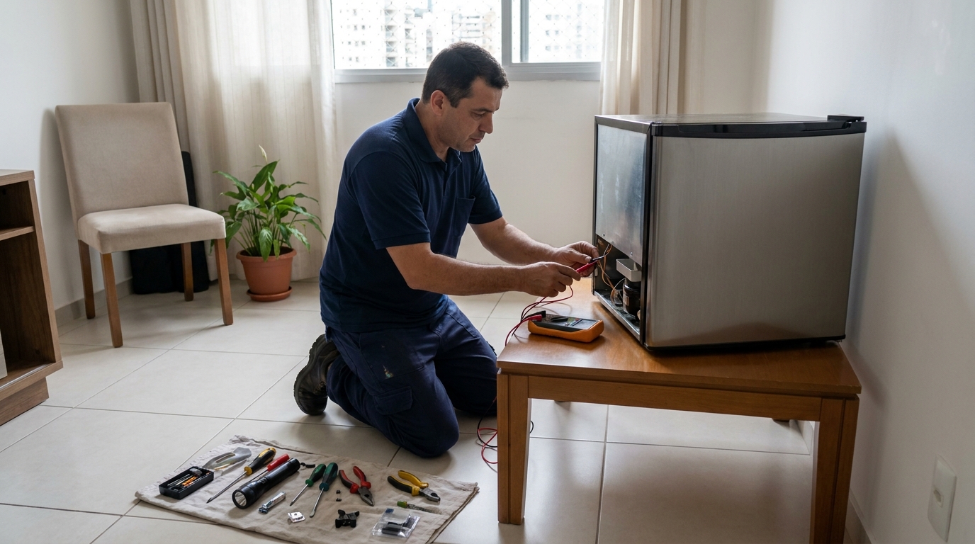 Técnico revisando o motor de um frigobar na Zona Leste de São Paulo‑SP