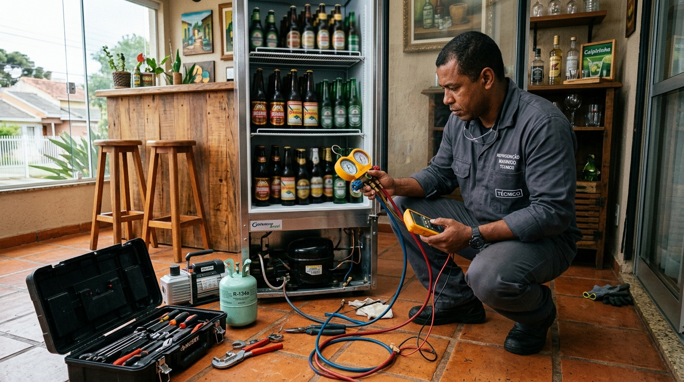 Técnico conferindo a temperatura de uma cervejeira durante atendimento na Zona Leste de São Paulo‑SP